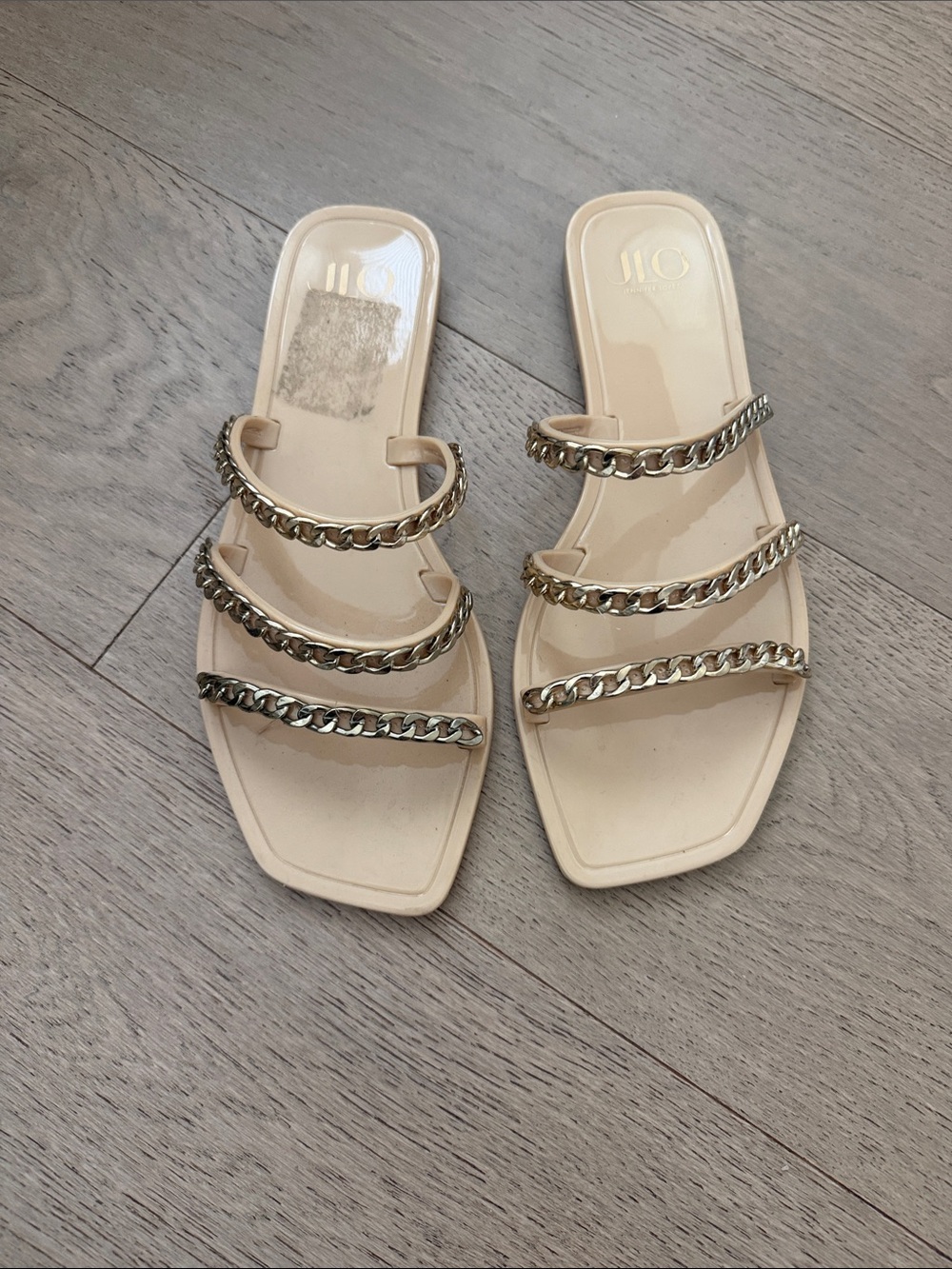 JLO Beige Chain-Strap Women's Slide Sandals